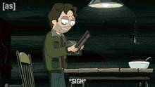 a cartoon of a man sitting at a table with a bowl of cereal and the word sigh below him