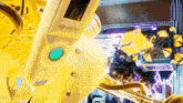 a close up of a yellow and white object with a green button on it .