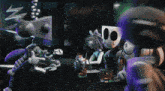 a group of cartoon characters are sitting at a bar drinking