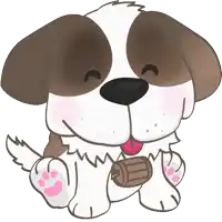 a cartoon drawing of a brown and white dog holding a barrel