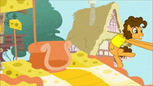 a cartoon drawing of a pony with a yellow shirt and brown hair