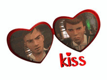 two red heart shaped glasses with the word kiss on the bottom