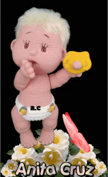 a crocheted baby in a diaper is holding a pacifier and the name anita cruz is on the bottom