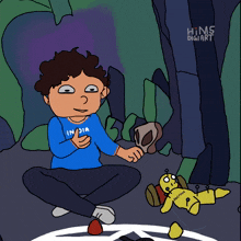 a cartoon drawing of a boy wearing a blue india shirt
