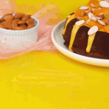 a blue plate with a piece of cake on it