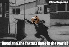 a black and white photo of a man with a dog on his head with the caption " dogelana the fastest doge in the world "
