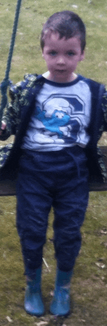 a young boy wearing a smurf shirt stands on a wooden swing