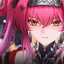 a girl with pink hair and green eyes is wearing a crown