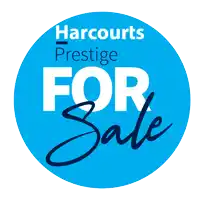 a blue circle with the words harcourts prestige for sale