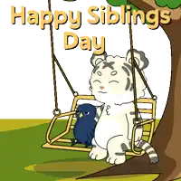 a cartoon of a tiger and a bird sitting on a swing with the words happy siblings day above them
