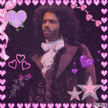 a picture of a man in a purple suit with pink hearts around him