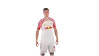 a man in a red and white red bull shirt and shorts