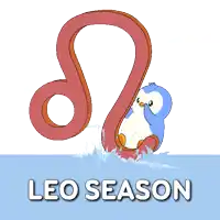 a sign that says leo season with a penguin in the middle