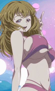 a blonde anime girl in a pink bikini is giving a thumbs up
