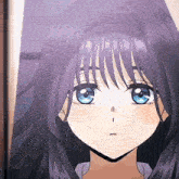a close up of a girl with blue eyes and purple hair