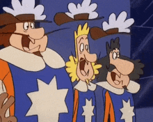 a group of cartoon characters are standing next to each other .