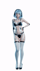 a woman in a bikini and headphones is standing in front of a white background