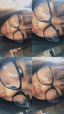 a girl wearing glasses takes a picture of herself in four different angles