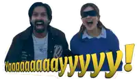 a man and a woman are standing next to each other and the woman is wearing blindfolds and the man is screaming