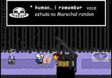 a video game scene with a skeleton talking to a girl .