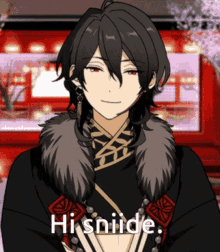 a cartoon character says hi sniide while wearing a black coat