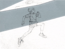 a black and white drawing of a person running on a track