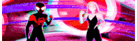 a spider-man and a ghost spider are standing next to each other on a colorful background .