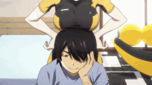 a girl with huge breasts is holding a man 's head