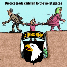 a cartoon about divorce leads children to the worst places with an airborne logo