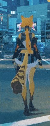 a cartoon character with a yellow tail is walking down the street
