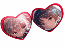 a couple of heart shaped mirrors with anime characters in them