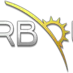 a silver and gold logo for rb with a yellow sun
