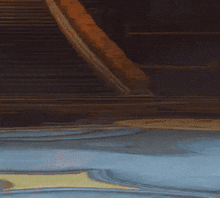 a painting of a swan flying over a body of water with purple smoke coming out of it .
