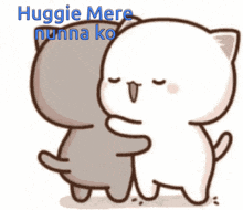 a couple of cartoon cats hugging each other with the words huggies mere nunna ko written on the bottom .