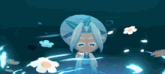 a cartoon character with blue hair and white flowers