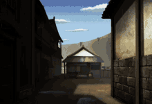 a drawing of a narrow alleyway with a brick wall and a small house in the background