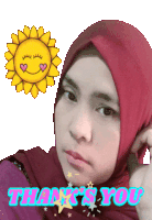 a woman wearing a red hijab with the words thank 's you below her
