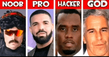 a collage of four men with the words noob pro hacker god written above them