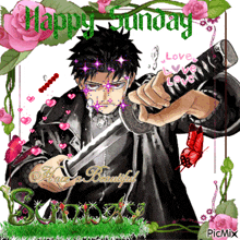 a picture of a man holding a sword with the words happy sunday on it