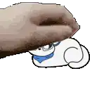 a hand is petting a cartoon character with a blue scarf around its neck .