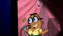 a cartoon character singing into a microphone with a virus behind him