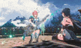 a girl is playing a guitar while another girl is sitting on the ground