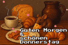 a mouse eating a piece of cheese next to a cup of coffee