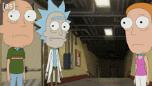 rick and morty characters standing in a hallway with the letters as visible
