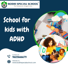 an advertisement for bodhi special school for kids with adhd shows a woman reading a book to children