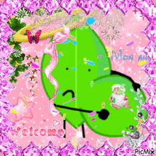 a picture of a green leaf on a pink background says welcome