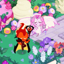 a cartoon character with wings is standing next to a cartoon character with a sword