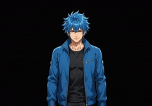 a man with blue hair is wearing a blue jacket and black shirt