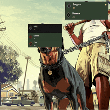 a cartoon of a man holding a stick next to a dog with a tag that says dck