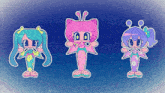 three cartoon characters are standing next to each other and one of them has a butterfly on her head